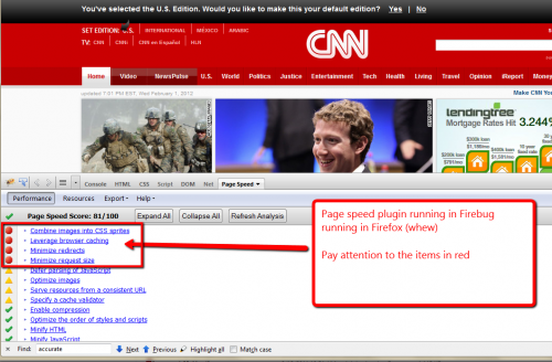 Screen capture of page speed plugin test on cnn home page