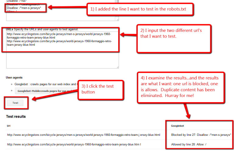 screen shot of testing robots.txt in Google webmaster tools