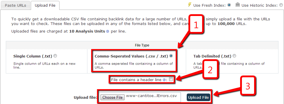 Uploading your CSV to Majestic Bulk Link Checker