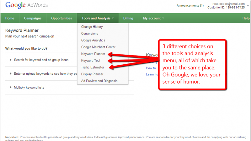 Screen capture of Google Adwords Tools and Analysis menu