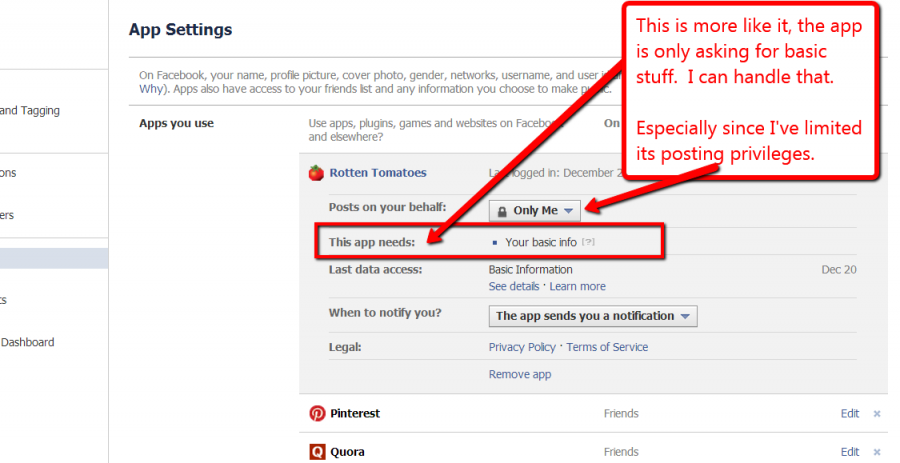Screen shot of a Facebook app making modest rights requests.