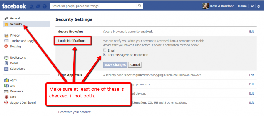 Screen shot of Facebook Security notifications setting