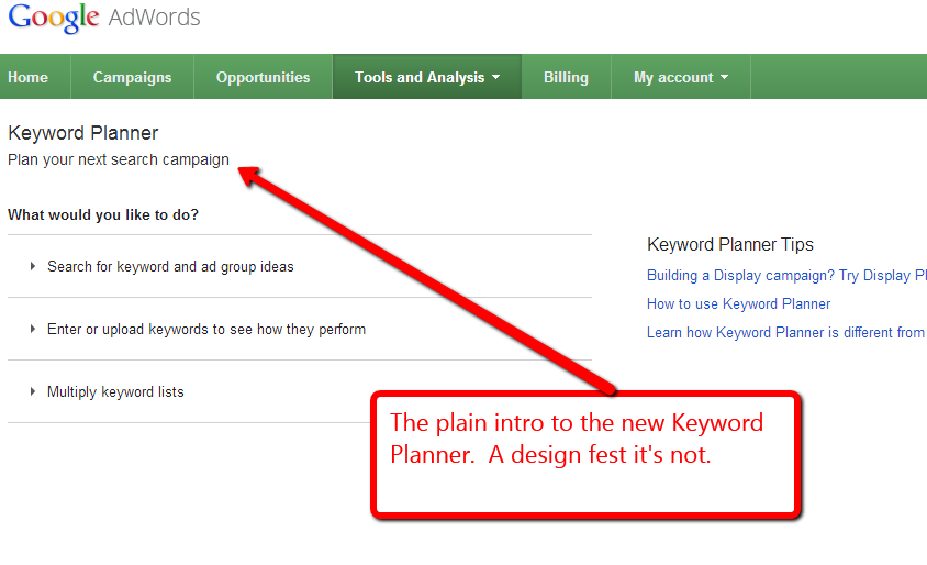 Screen capture of Google keyword planner intro screen