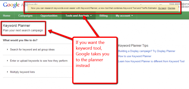 Screen capture of keyword planner with go back link