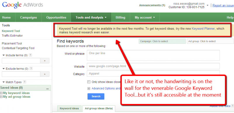 Screen capture of Google keyword tool with advisory