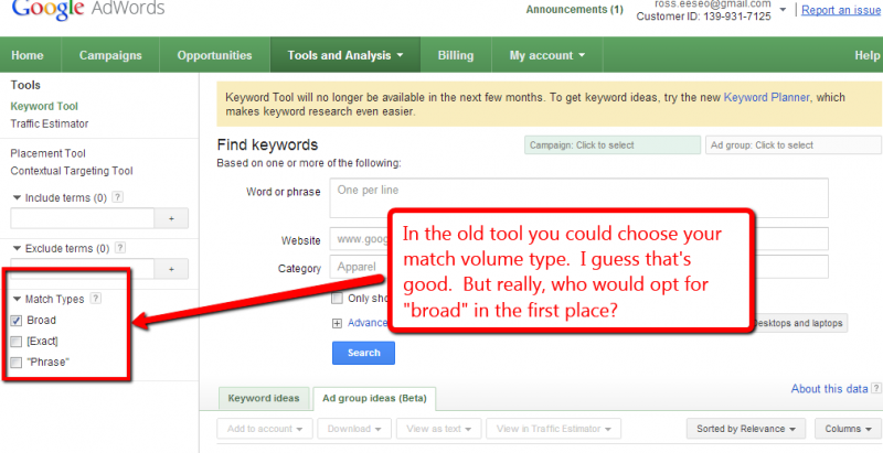 Screen capture of keyword tool with match volume type selector